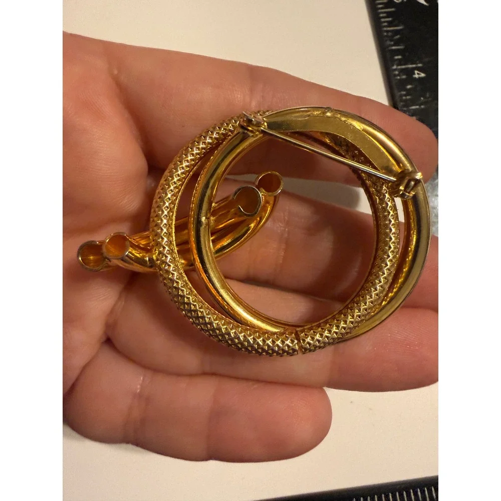 Gold Tone Intertwined Triple Circle Brooch Textured High Polish Dangle Pin